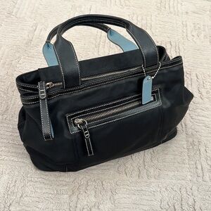 Coach Black Baby Blue nylon handbag satchel with leather handles No B042-4275